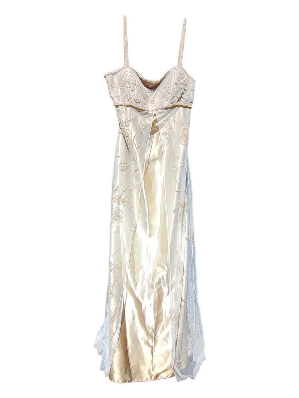 Rare Caché Vintage Beaded Spaghetti-Strap Maxi Dress in Champagne Gold - Size 12